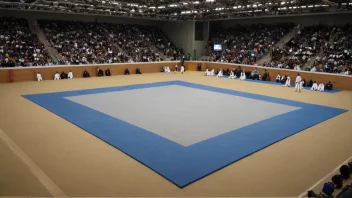 En stor, moderne judoarena med en konkurransematte og sitteplasser for tilskuere.