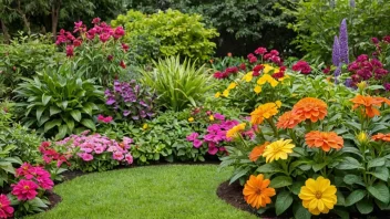 En vakker blomstervekst i en hage, med en blanding av fargerike blomster og frodig grønne.