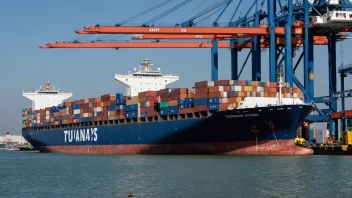 Et lasteskip fortøyd ved en havn, med containere og kraner i bakgrunnen.