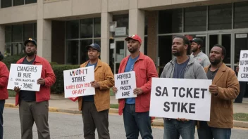 En gruppe arbeidstakere i streik, protesterer utenfor en fabrikk eller kontorbygning.