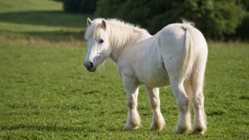 En liten, hvit Shetlandsponni med en sterk bygning, stående i en grønn eng.