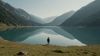 Et fredelig landskap med en person i bakgrunnen, omgitt av fjell og en innsjø