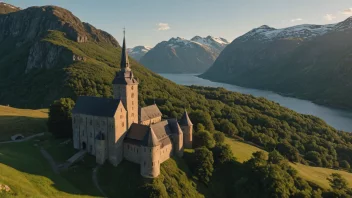 Et middelalderborg i Norge, med en kirke i bakgrunnen, omgitt av rullende åser og fjell.