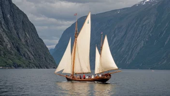 En robust trebåt med en enkelt mast og en tradisjonell norsk design, som seiler i de rolige vannene i en fjord.