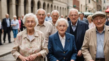 En gruppe eldre mennesker går i en bygate, med noen yngre mennesker i bakgrunnen.