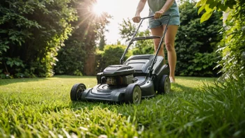 En person som kutter gress med en gressklipper i en solfylt hage