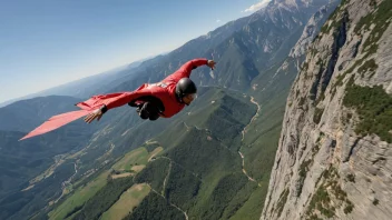 En person i en wingsuit flyr gjennom luften med et naturskjønt landskap i bakgrunnen.