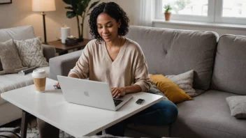 En person som jobber hjemmefra med en laptop og en kopp kaffe