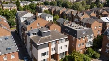 En gruppe av hus eller bygninger i et boligområde, med ulike arkitektoniske stiler og størrelser.