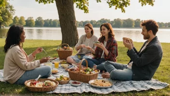 Folk som nyter et måltid utendørs i en vakker naturlig setting.