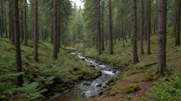 En tett skog med en blanding av bartre og løvtrær.