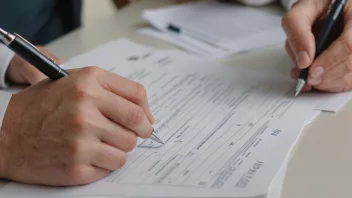 En person sitter ved et skrivebord og fyller ut et formular med en penn og papir. Formularet ligger på en clipboard, og det er andre papirer og kontorrekvisita på skrivebordet.