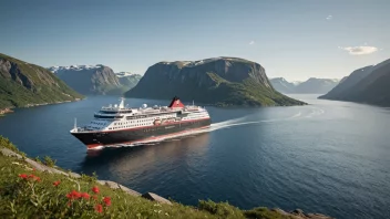 Et Hurtigruten-skip som seiler langs norskekysten.