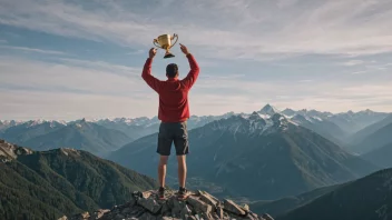 En person som står på toppen av et fjell med en trofé i hånden.