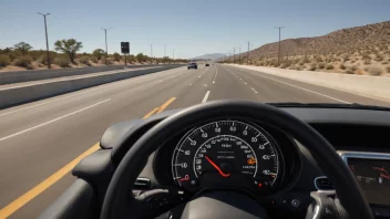 En bil som kjører raskt ned en motorvei med en speedometer i forgrunnen.