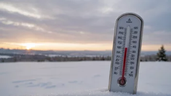 Et termometer som viser en meget lav temperatur, med et snødekt landskap i bakgrunnen.