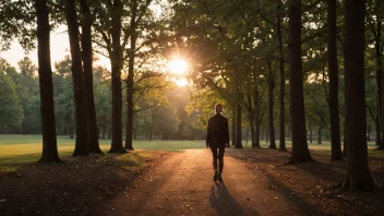 En person som går i en park om kvelden, med solnedgangen bak dem.