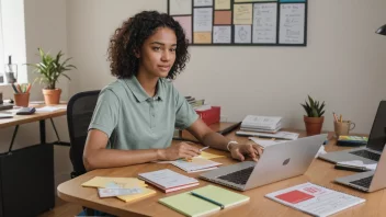 En språkstudent som studerer ved et skrivebord med bøker og en laptop.