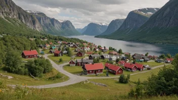 Et pittoreskt norsk bygdelandskap med en skilt som viser bygdens unike navn.