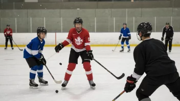 Unge mennesker som spiller juniorhockey på en isbane.