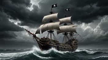 Et piratskip som seiler gjennom en stormfull sjø, med en mørk og truende himmel i bakgrunnen.