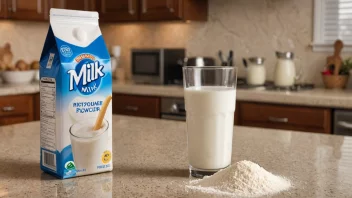 En pose mjølkpulver på en kjøkkenbenk med et glass melk i bakgrunnen