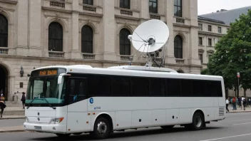 En mediebuss, en stor, moderne buss med en satellittantenne og antenner på taket, brukt av medier for å dekke arrangementer og hendelser.