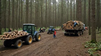 En gruppe mennesker som henter tømmer i en skog.