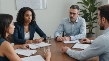 En gruppe mennesker som sitter rundt et bord og diskuterer og evaluerer sin organisasjons ytelse.