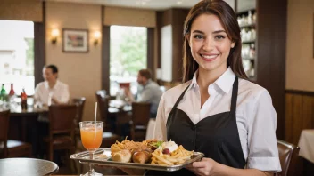 En kvinnelig servitørinne på en restaurant, som serverer kunder med et smil