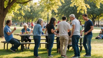 En levende offentlig park med lekeplass, benker og gangveier, hvor mennesker ler og prater sammen.