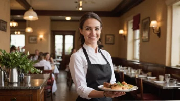 En serveringsassistent i en restaurant, med et vennlig smil og en tallerken med mat og drikke.