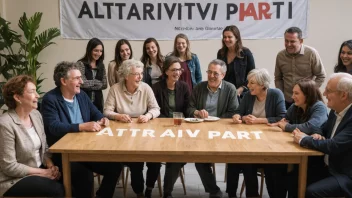 En gruppe mennesker fra ulike bakgrunner og aldre, samlet rundt et bord, diskuterer og ler sammen, med et stort banner i bakgrunnen med ordene 'Alternativparti' skrevet i tykke bokstaver.