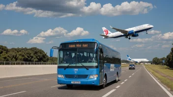 En airportbuss som kjører på veien med et fly som tar av i bakgrunnen