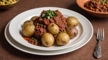 En bambara potet på en tallerken, med en tradisjonell afrikansk rett i bakgrunnen.