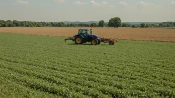 Et foto av et stort felt med en traktor og en bonde i bakgrunnen