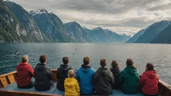 Folk på ein båt som ser på hvalar i deres naturlige miljø.