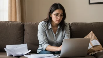 En person som sitter på en sofa, ser uttråkket og underbeskjeftiget ut, med noen spredte papirer og en laptop i nærheten.