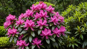 En vakker rhododendronbusk i full blomst, med fargerike blomster og frodige grønne blader, mot en vakker hagebakgrunn.