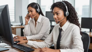 En kundeservicerepresentant sitter ved et skrivebord med en dataskjerm foran seg, og skriver på tastaturet. Skjermen viser en kundehenvendelse og representantens svar.