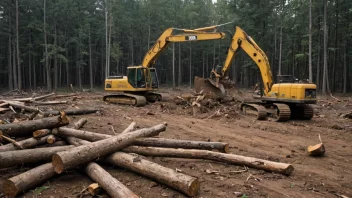 En skog med trær som er kuttet ned og en bulldoser i bakgrunnen.