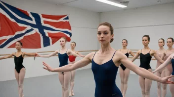 En gruppe ballettdansere i et studio, med et norsk flagg i bakgrunnen.