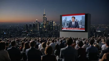 Et stort publikum ser på en nyhetssending på en TV-skjerm, med en bysilhuett i bakgrunnen.