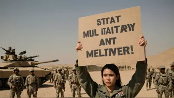 En person som protesterer mot militæret, med et skilt som sier 'Stopp krigen'.