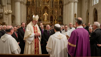 En biskop blir vigslet i en kirke, med en menighet og presteskap til stede.