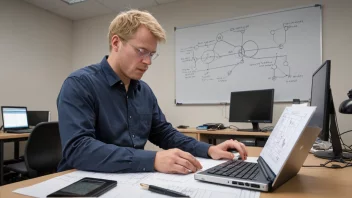 En ingeniør som arbeider på et komplekst system, med beregninger og diagrammer på en whiteboard i bakgrunnen.