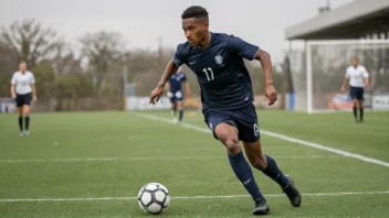 En fotballspiller i aksjon, tar et langt skritt før han sparker ballen