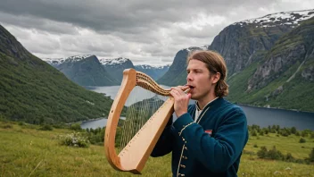 En person som spiller en tradisjonell norsk munnharpe, med et naturskjønt norsk landskap i bakgrunnen.