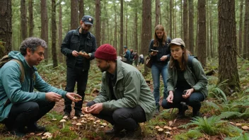 En gruppe mennesker som sanker sopp i en skog.