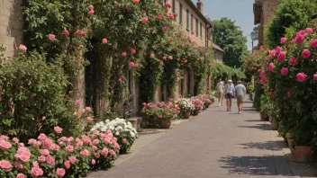 En vakker gate med roser og blomster.